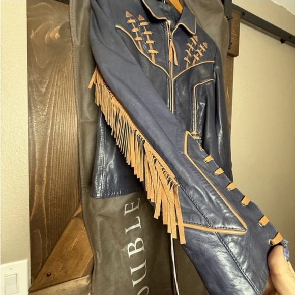 Like New ! Double D Ranch NAVY Blue Leather Jacket - Picture 5 of 9